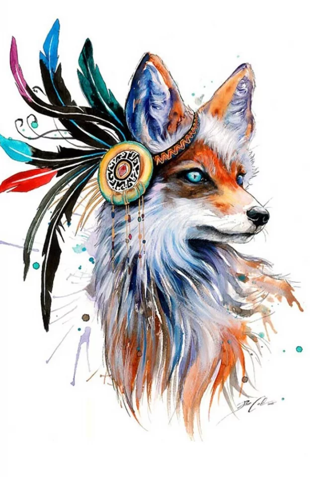 fox, drawing, feathers, colorful, animals, artwork