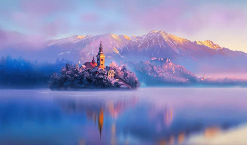 landscape, mountains, lake, island
