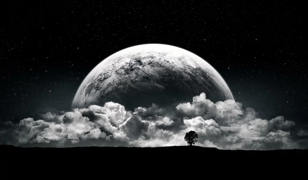 planet, moon, clouds, stars, night, black, white