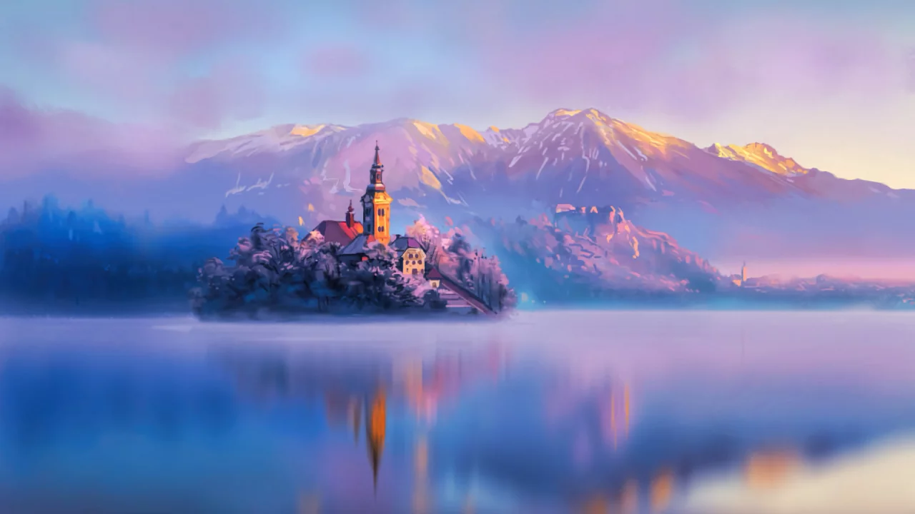 landscape, mountains, lake, island