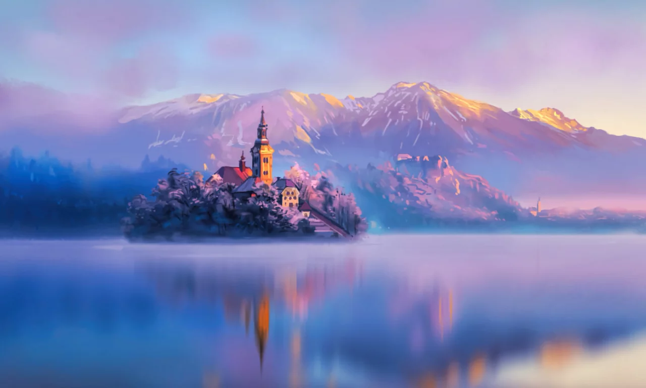 landscape, mountains, lake, island