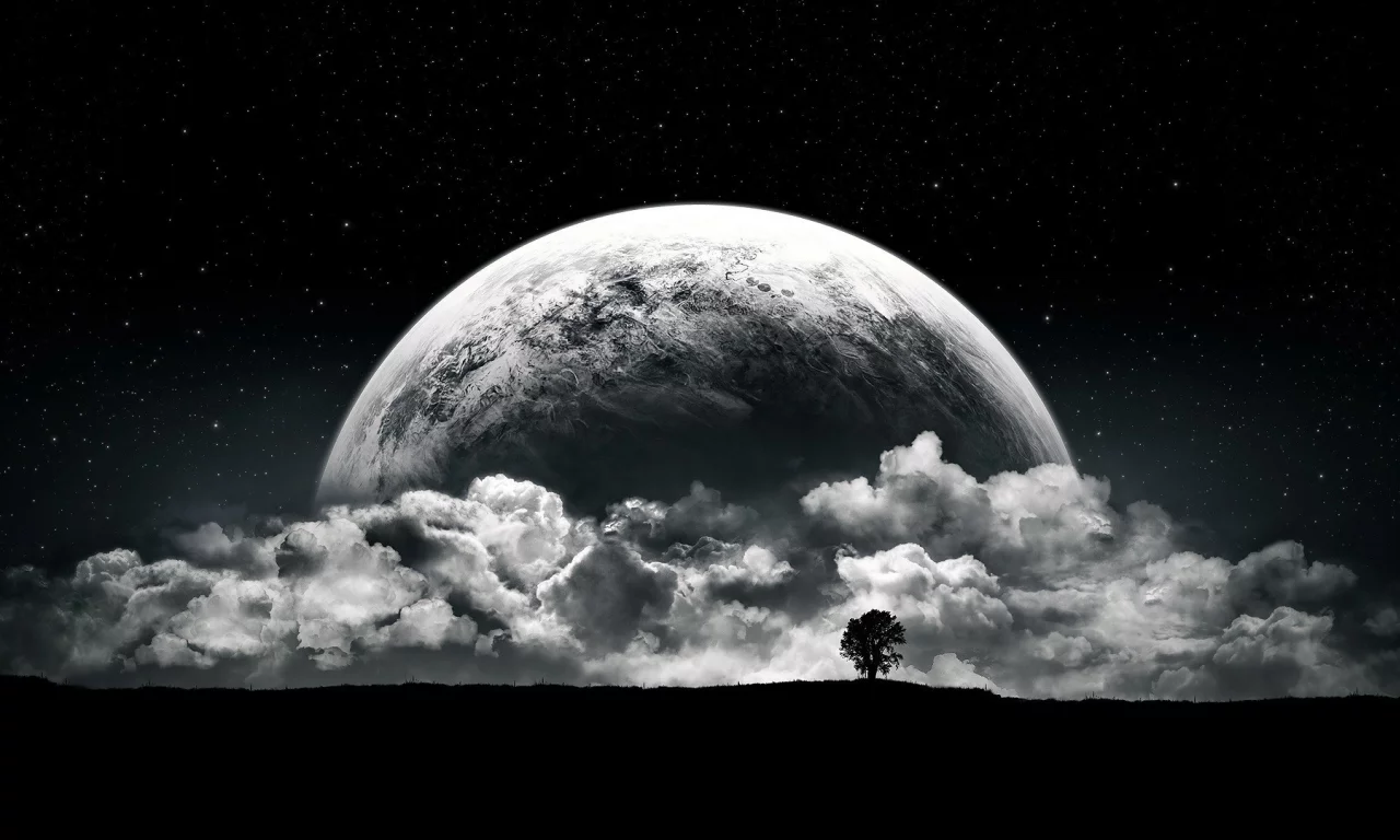 planet, moon, clouds, stars, night, black, white