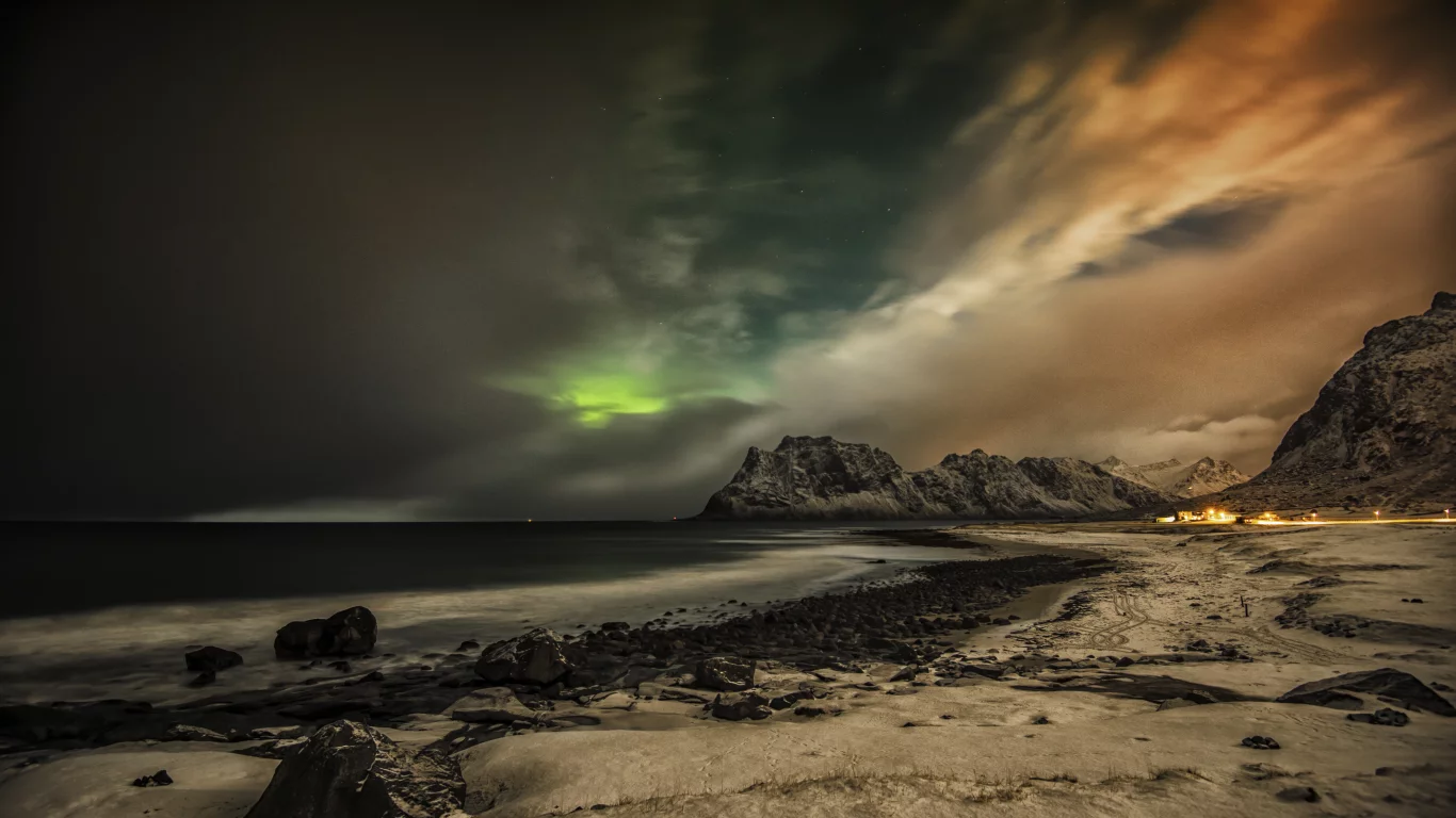 beach, aurora, borealis, lofoten, islands, norway, arctic