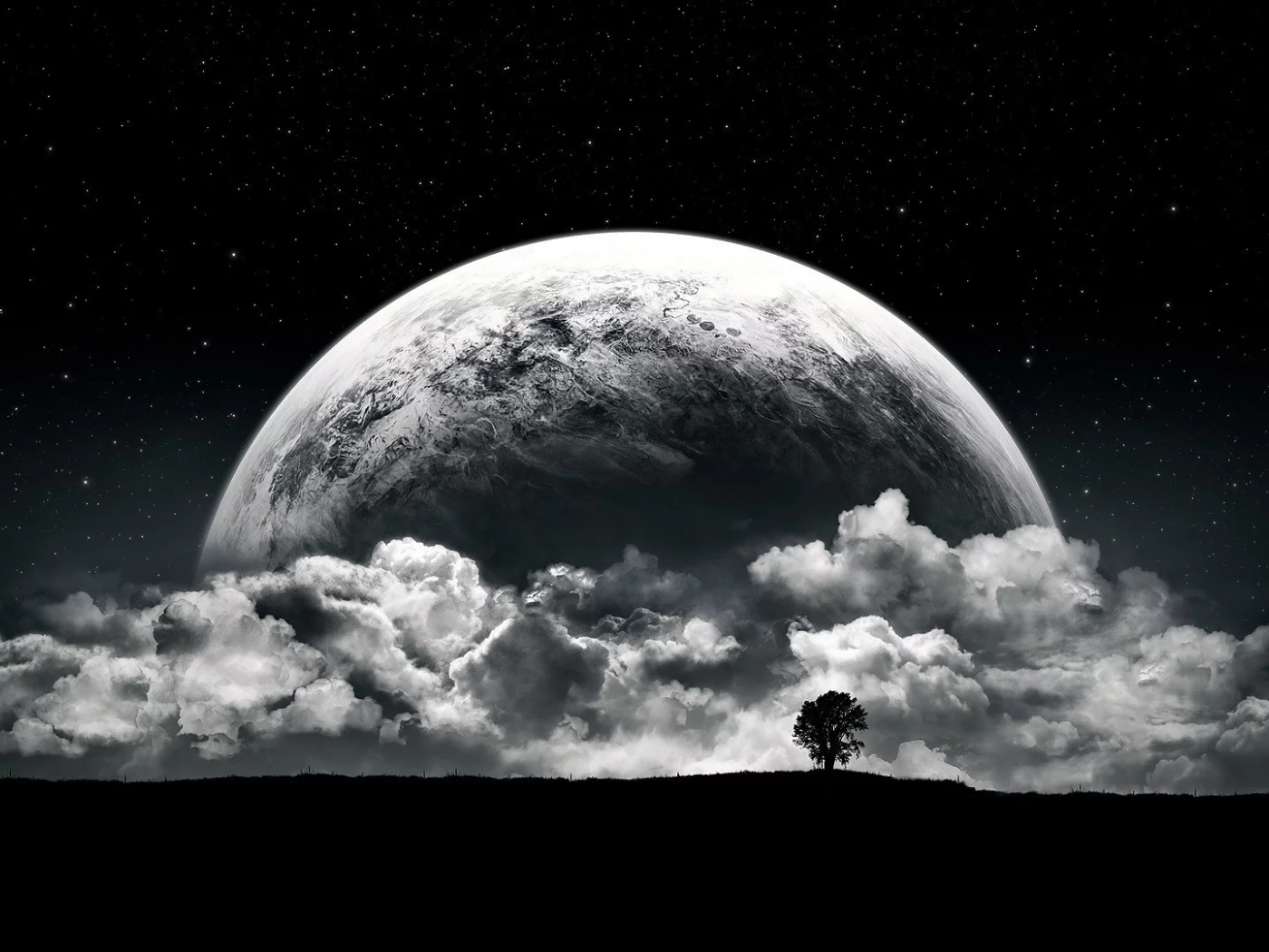 planet, moon, clouds, stars, night, black, white