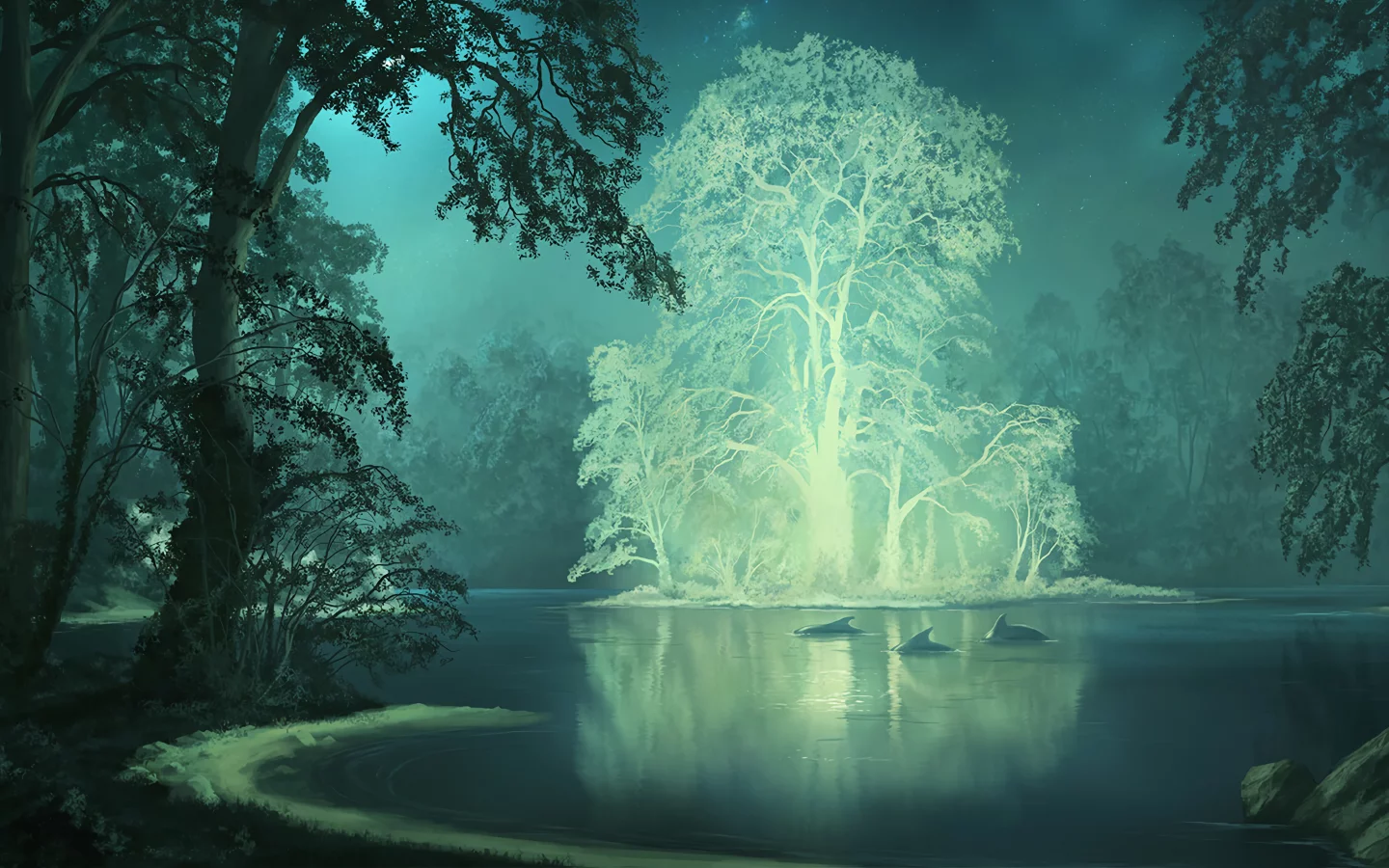 benj, digital, art, fantasy art, trees, dolphin, starry, night, forest