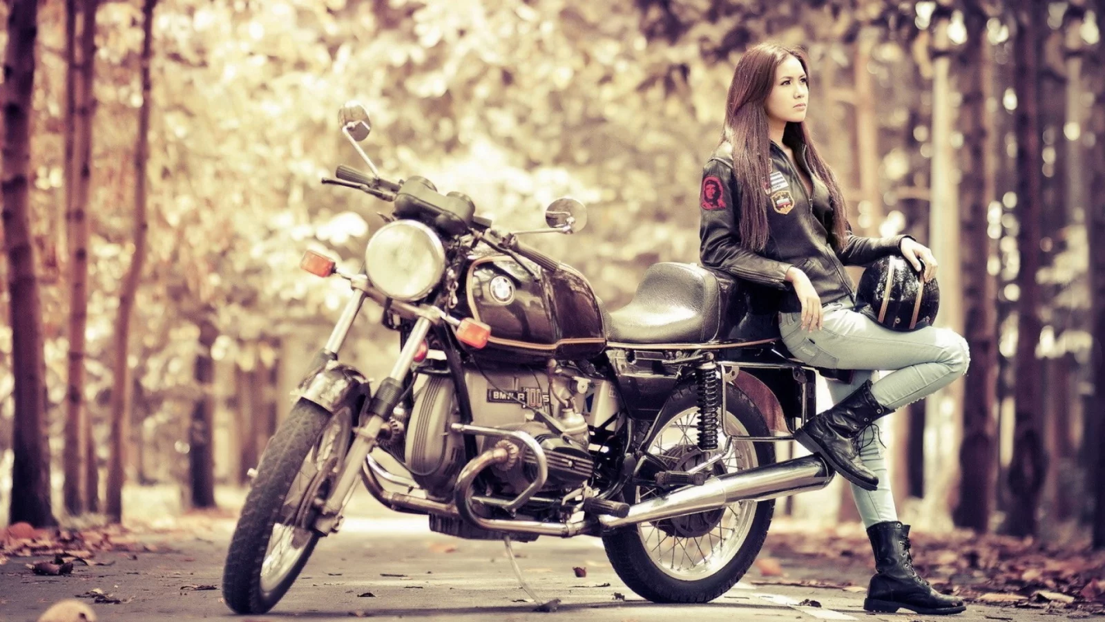girl, beautiful, sitting motorcycle