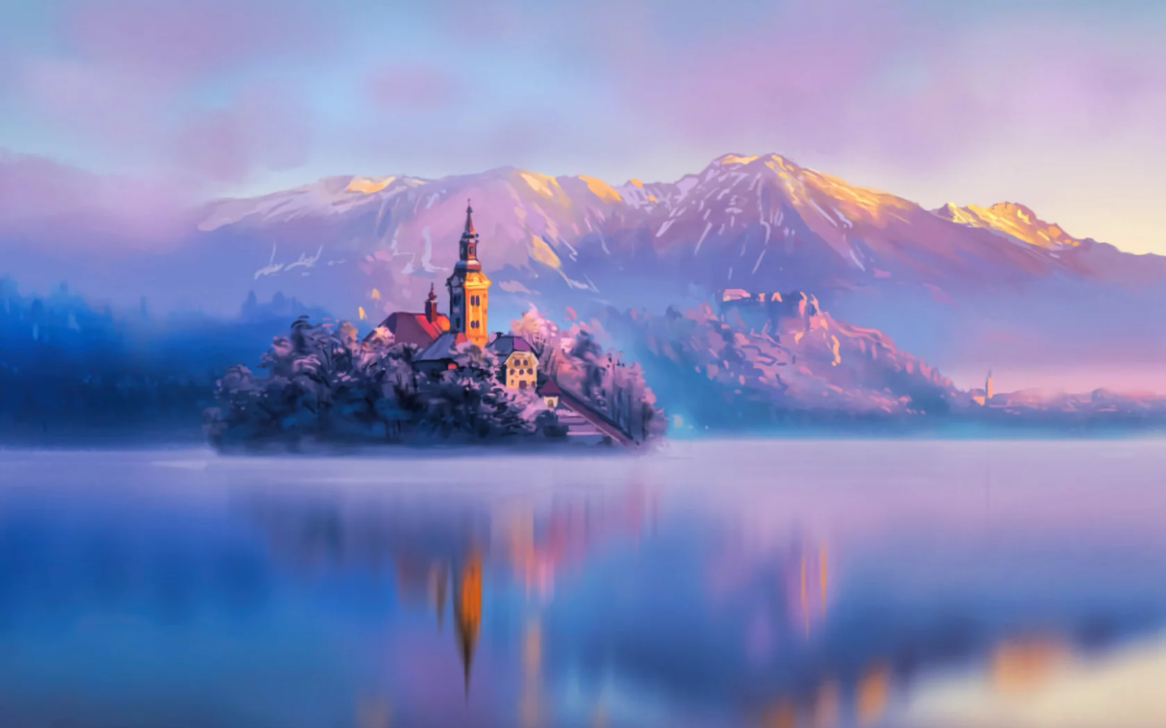 landscape, mountains, lake, island