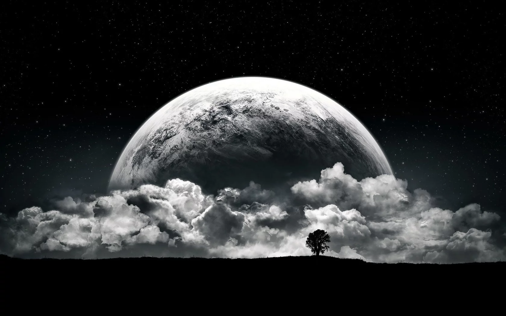 planet, moon, clouds, stars, night, black, white
