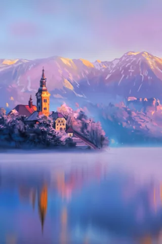 landscape, mountains, lake, island