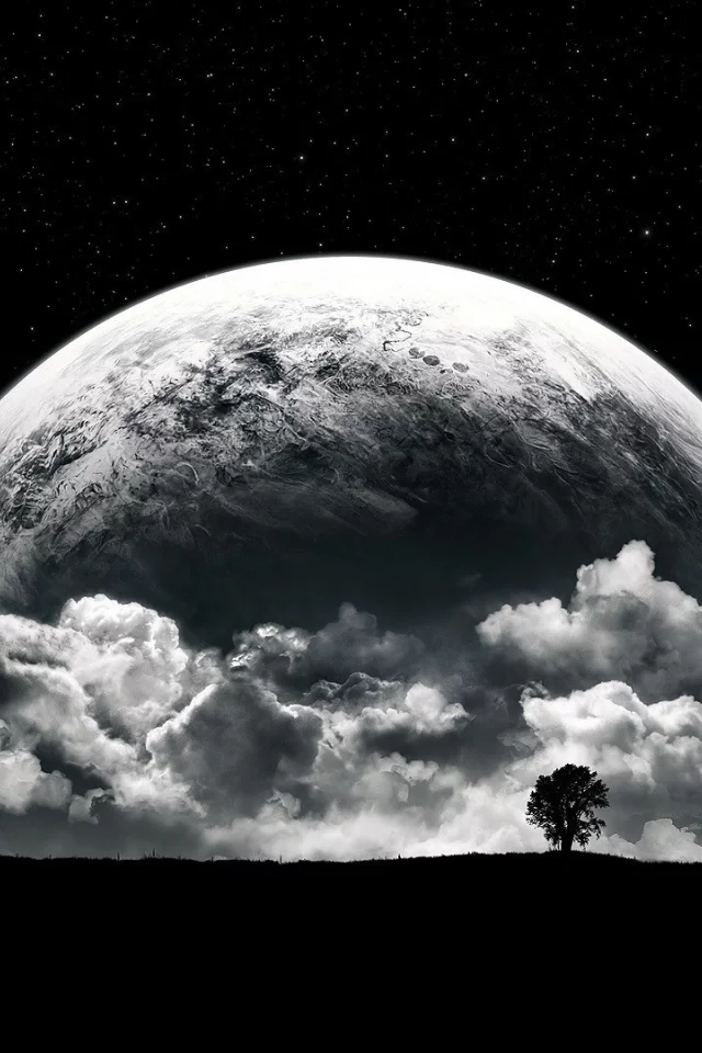 planet, moon, clouds, stars, night, black, white