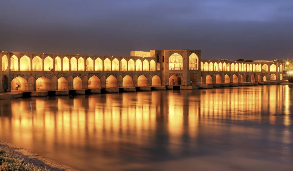 lights, islamic architecture, iran, night, river, architecture