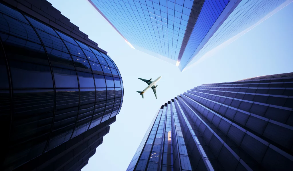 skyscrapers, airplane, highrise, building, metropolis