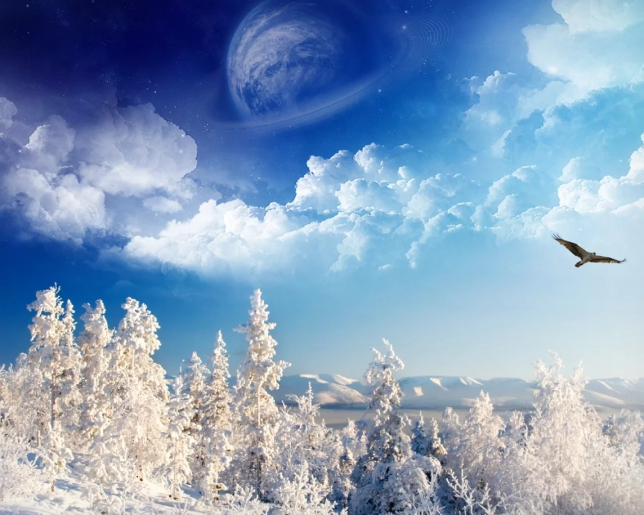 winter, trees, mountains, sky, space, birds
