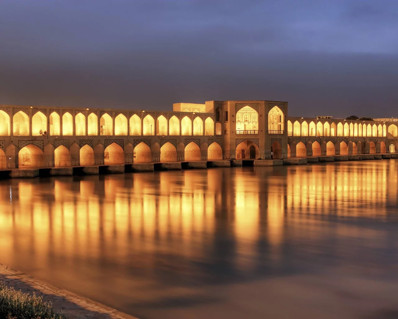 lights, islamic architecture, iran, night, river, architecture