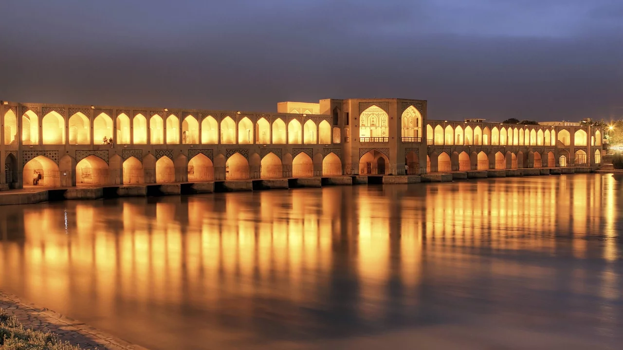 lights, islamic architecture, iran, night, river, architecture