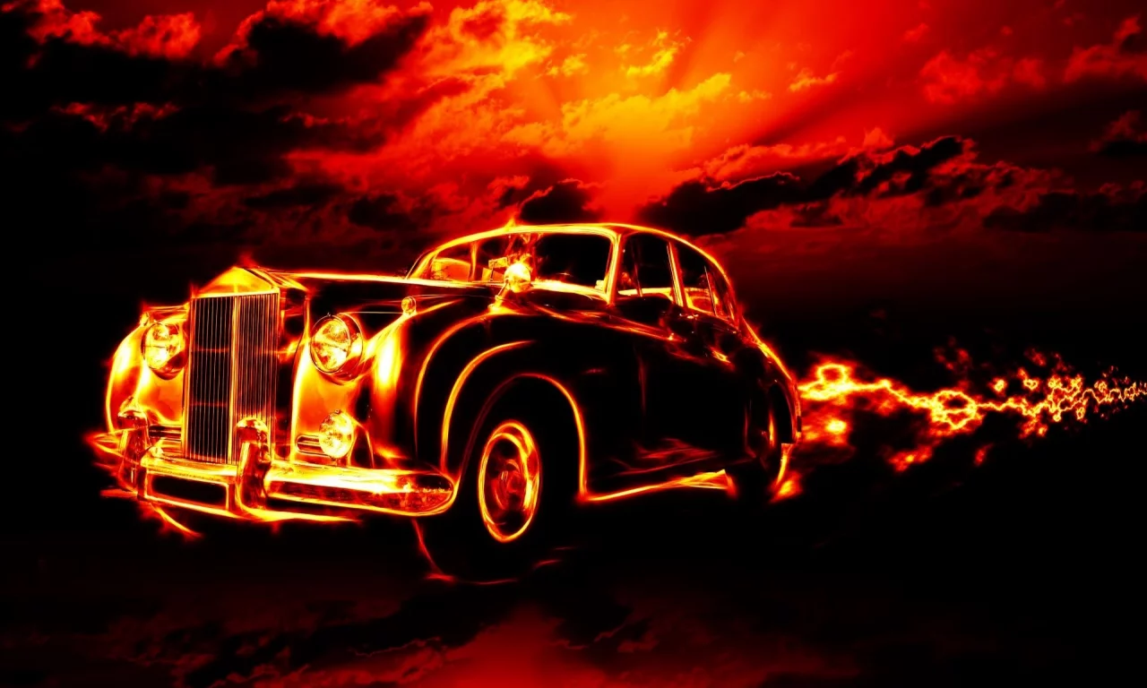 classic car, clouds, fire, flame, horrorred, sky, hell