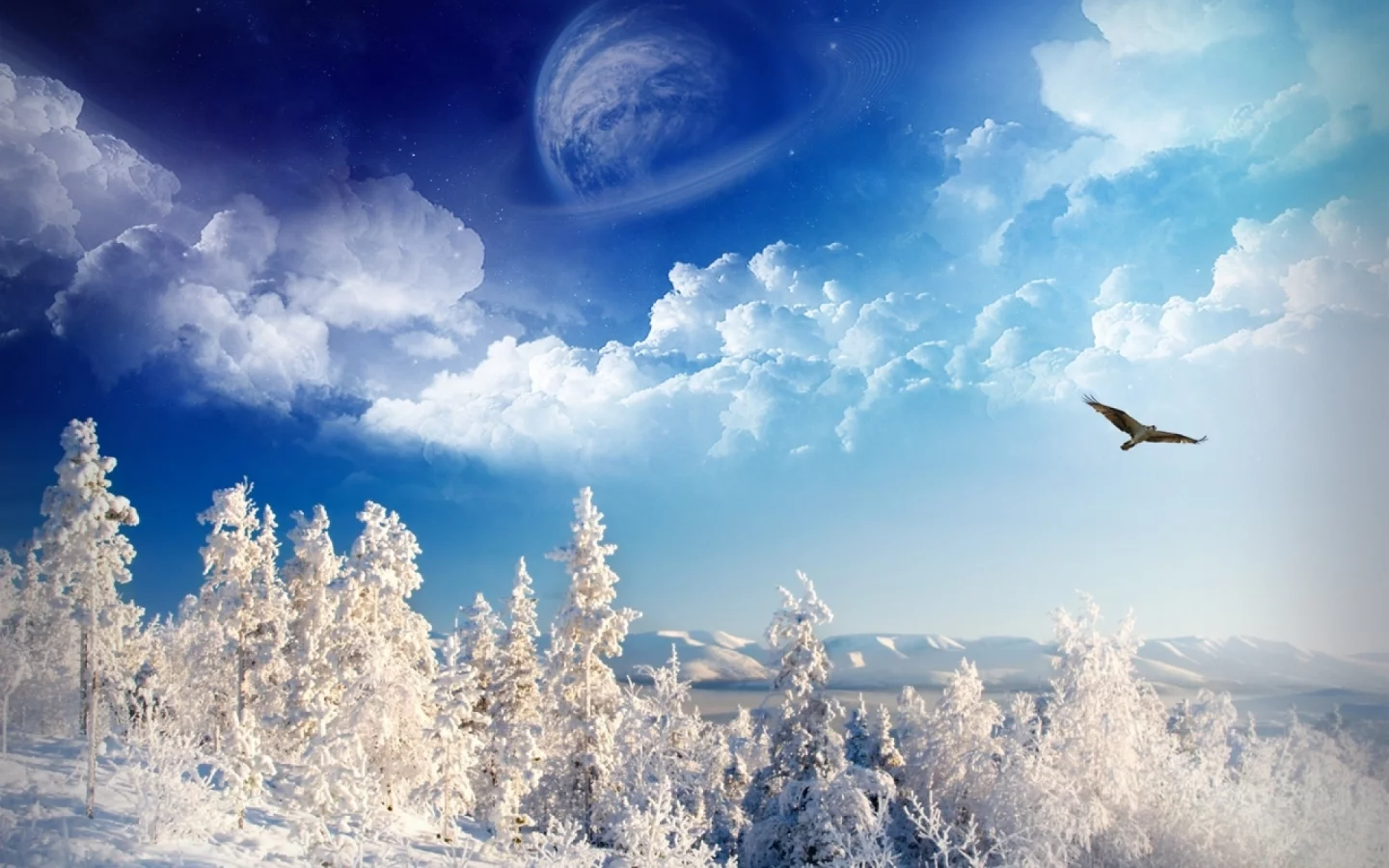 winter, trees, mountains, sky, space, birds