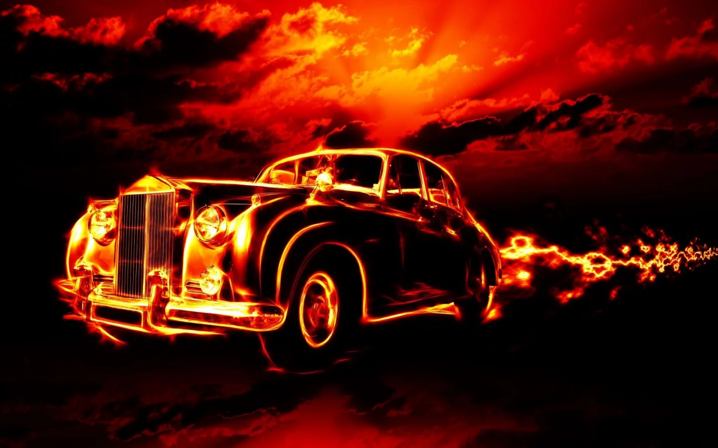 classic car, clouds, fire, flame, horrorred, sky, hell