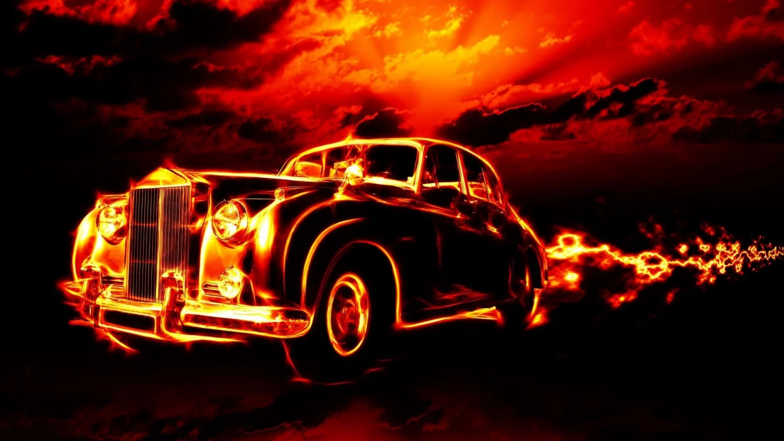 classic car, clouds, fire, flame, horrorred, sky, hell