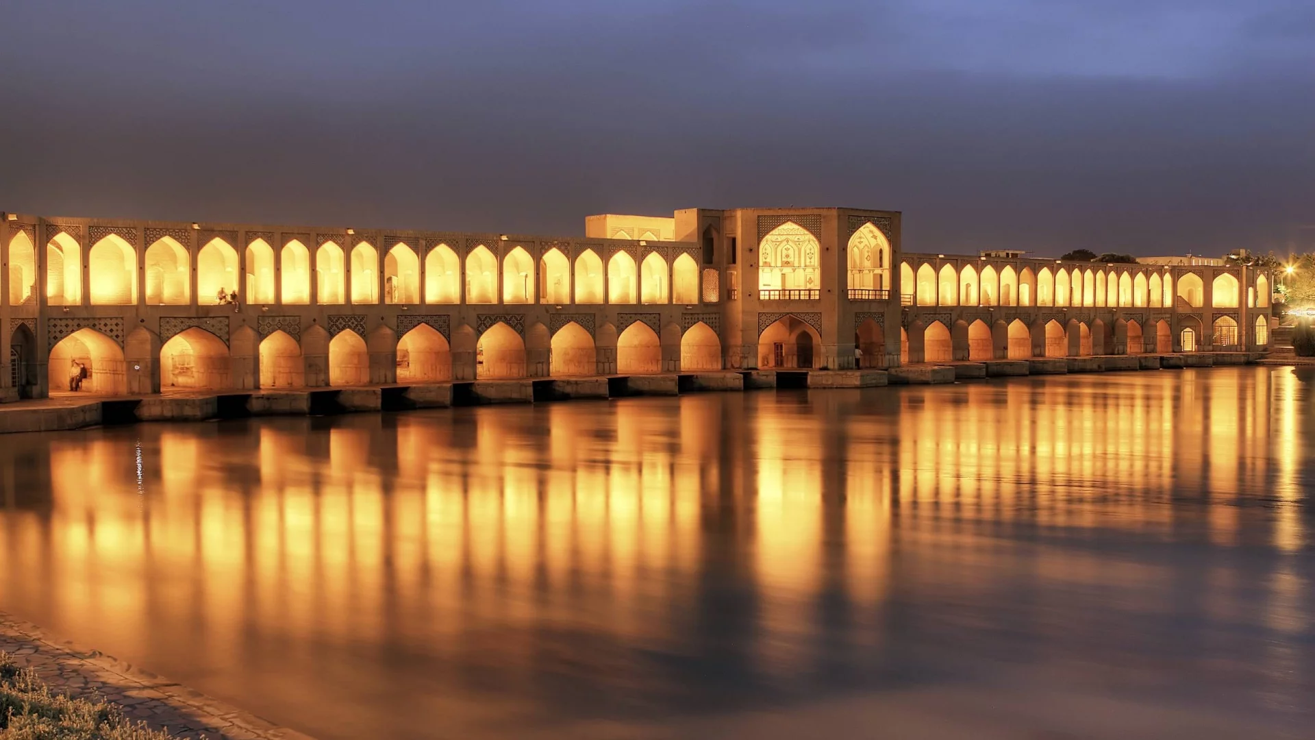 lights, islamic architecture, iran, night, river, architecture