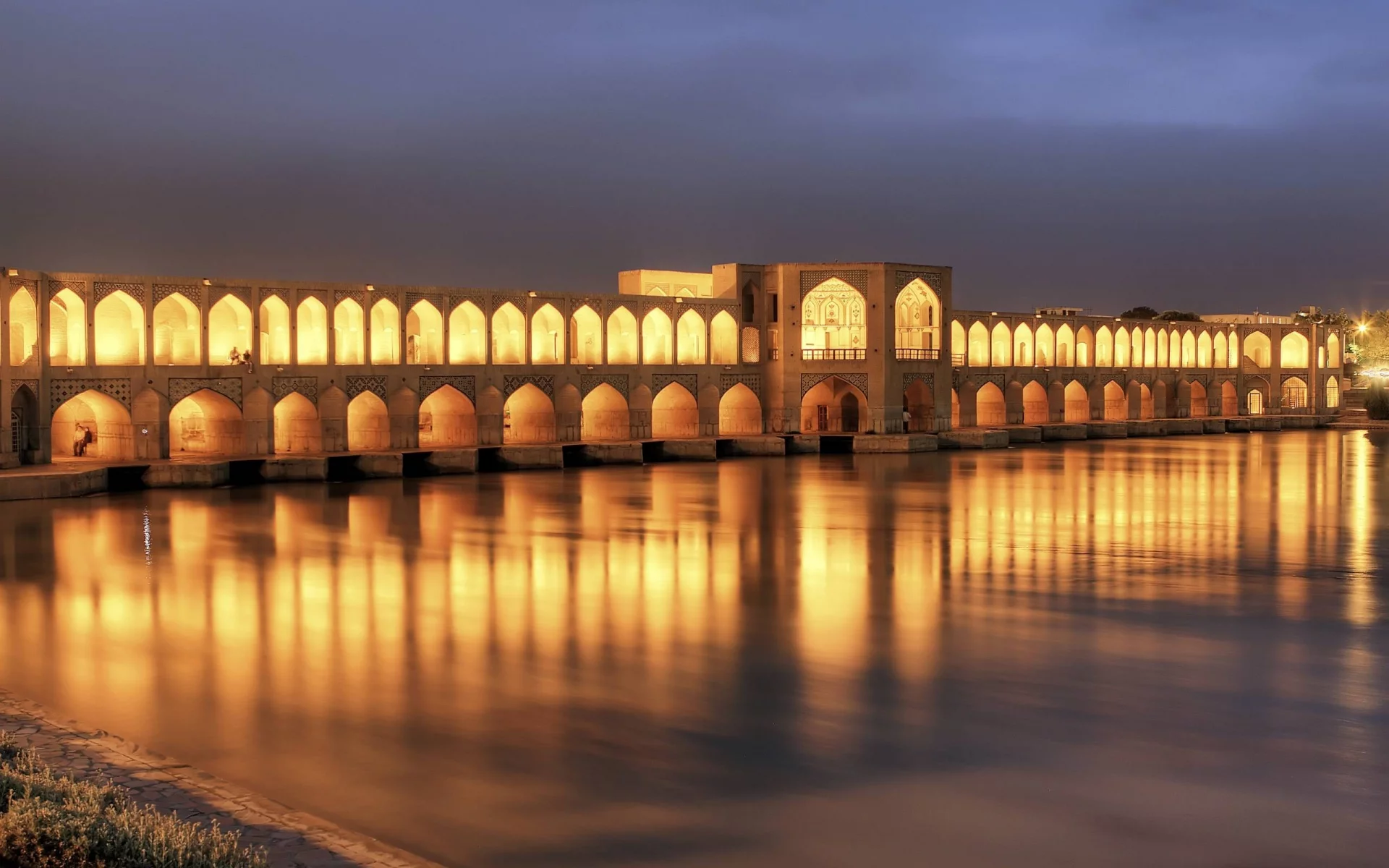 lights, islamic architecture, iran, night, river, architecture