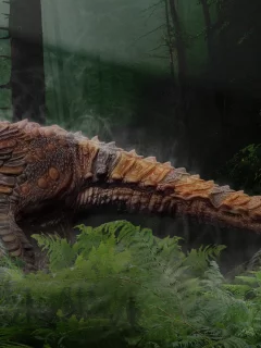 dinosaur, bushes, fern, trunk, tail