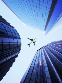 skyscrapers, airplane, highrise, building, metropolis