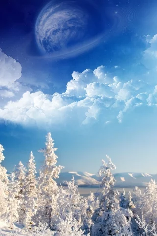 winter, trees, mountains, sky, space, birds