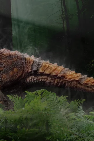 dinosaur, bushes, fern, trunk, tail