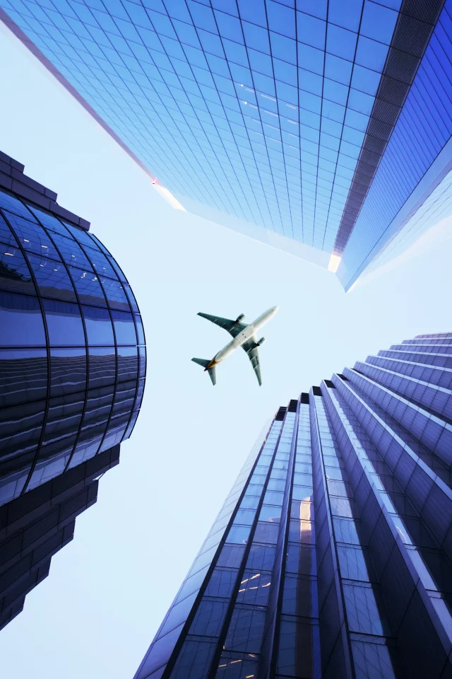 skyscrapers, airplane, highrise, building, metropolis