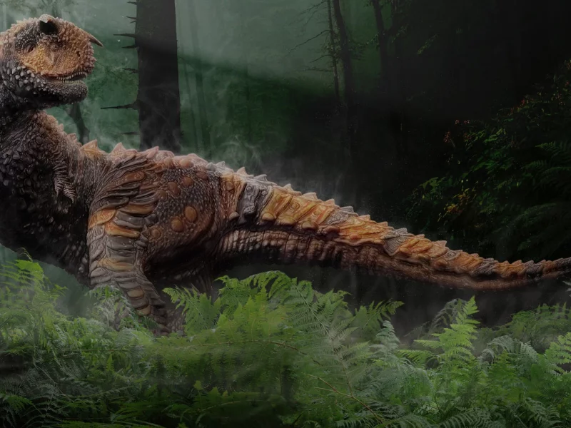 dinosaur, bushes, fern, trunk, tail