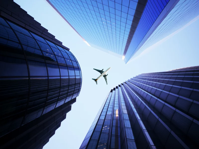 skyscrapers, airplane, highrise, building, metropolis