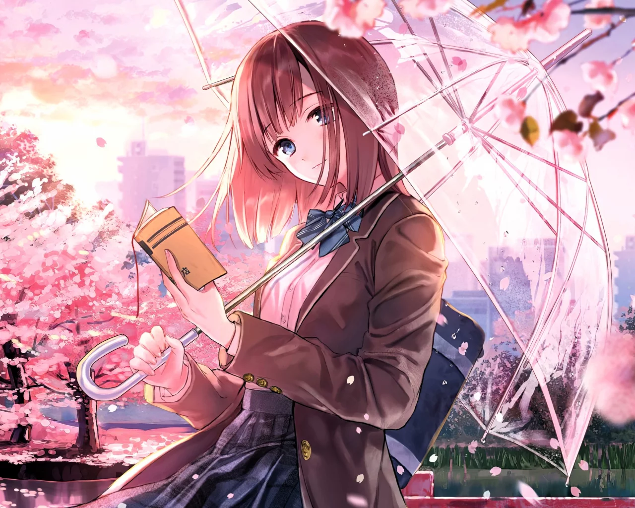 Anime girl with a book and an umbrella in hand