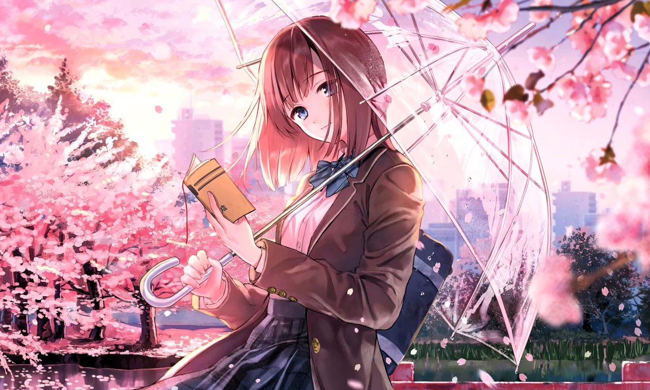 Anime girl with a book and an umbrella in hand