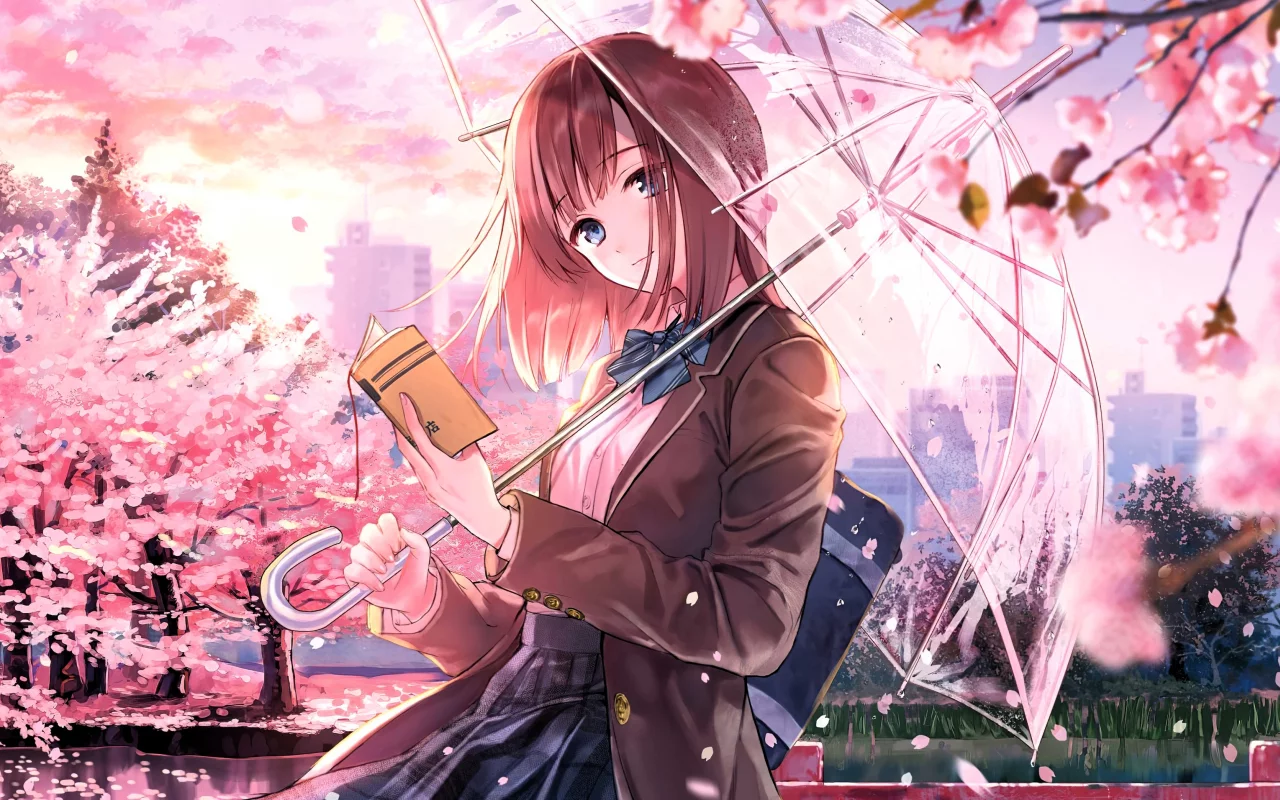 Anime girl with a book and an umbrella in hand