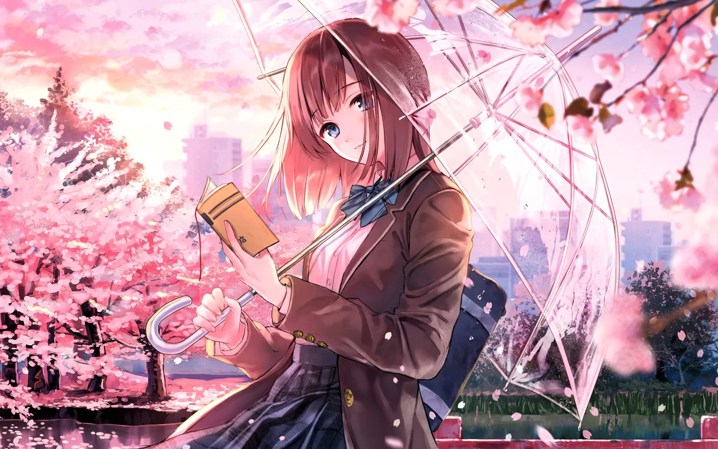 Anime girl with a book and an umbrella in hand