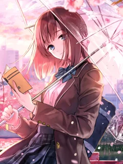 Anime girl with a book and an umbrella in hand