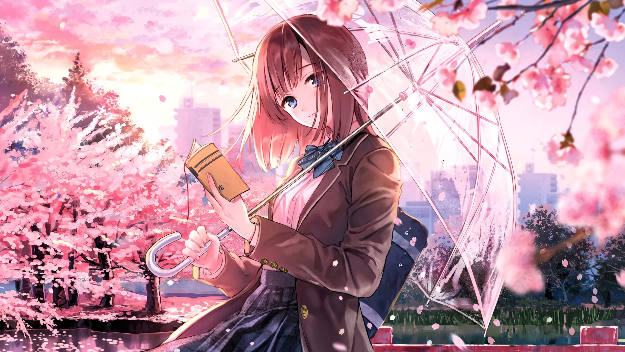Anime girl with a book and an umbrella in hand