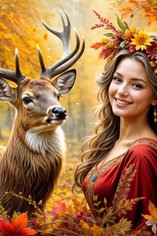 осенняя сказка,олень и красивая девушка